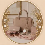 Women's beige handbag set with wallet, watch, sunglasses, and jewelry