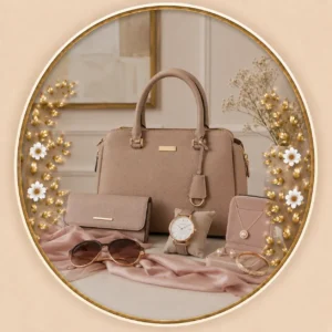 Women's beige handbag set with wallet, watch, sunglasses, and jewelry