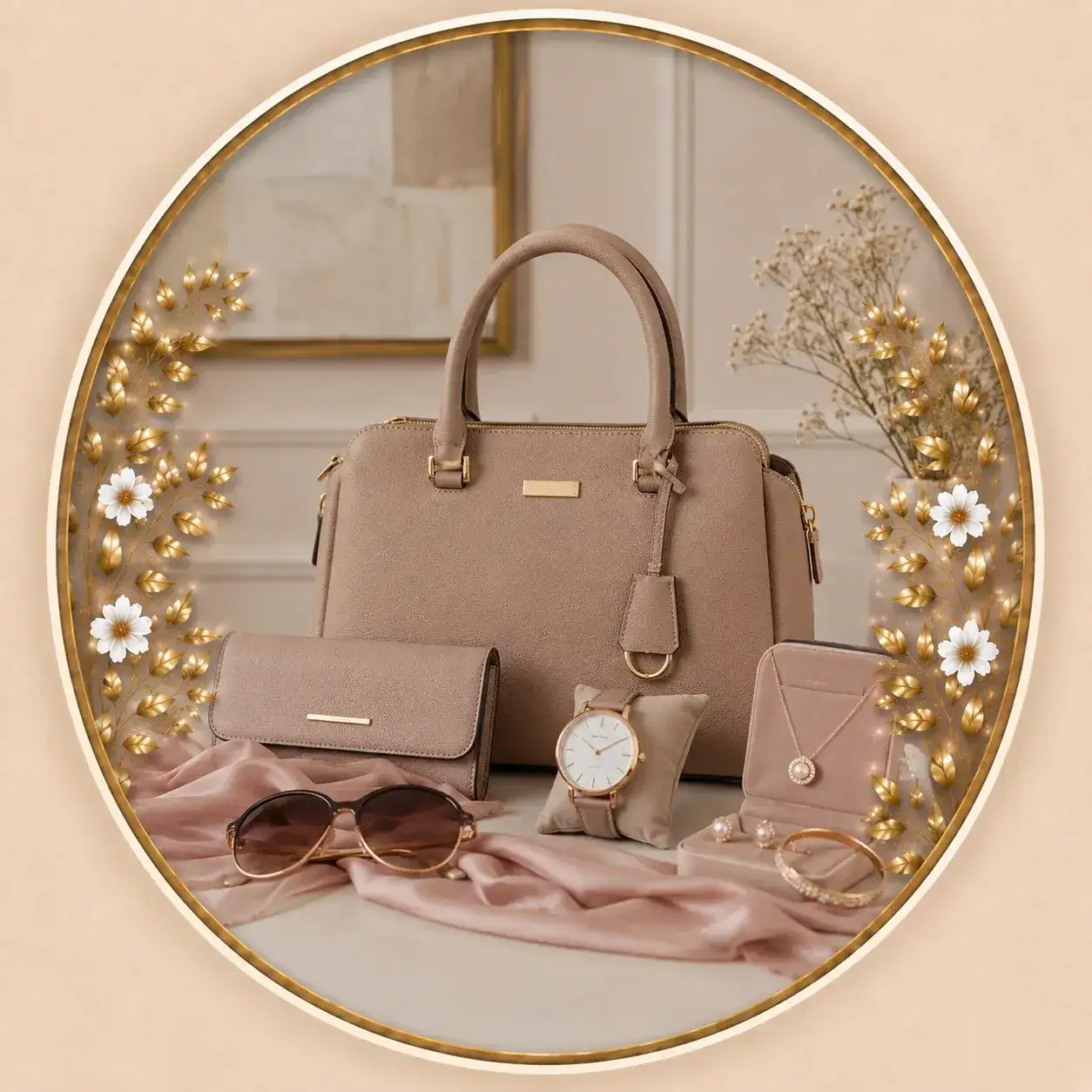 Women's beige handbag set with wallet, watch, sunglasses, and jewelry