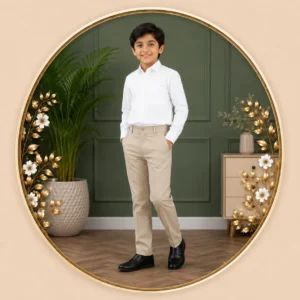 Boys' white formal shirt with beige trousers