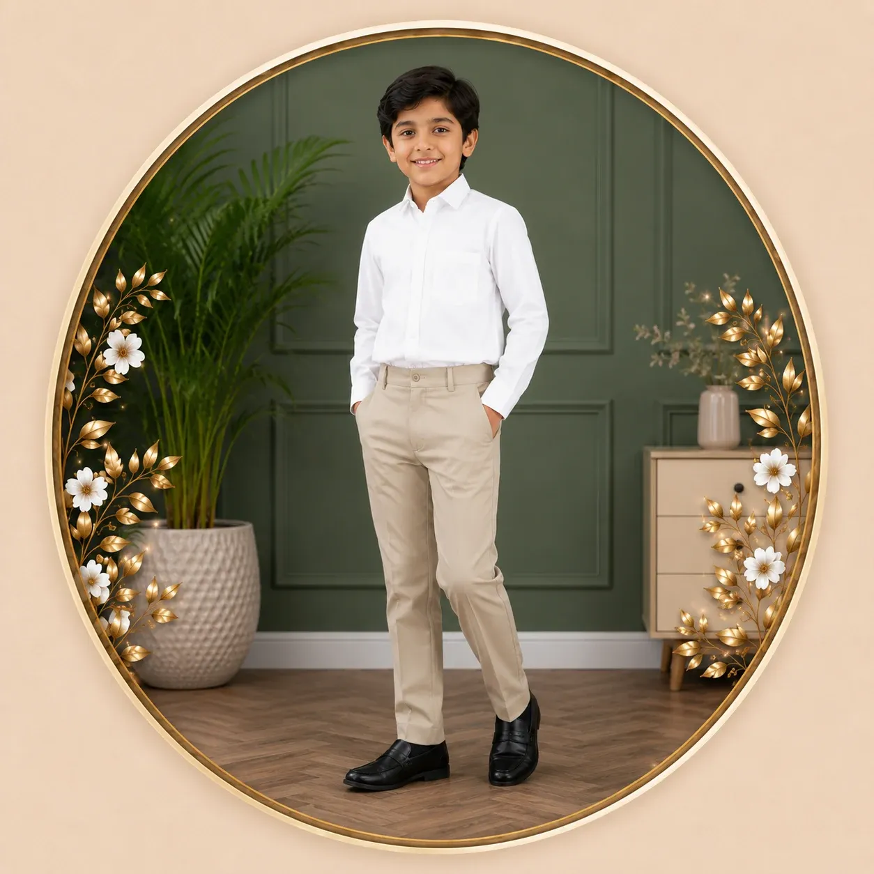 Boys' white formal shirt with beige trousers