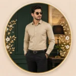 Men's beige long sleeve formal dress shirt with classic collar