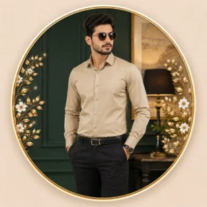 Men's beige long sleeve formal dress shirt with classic collar