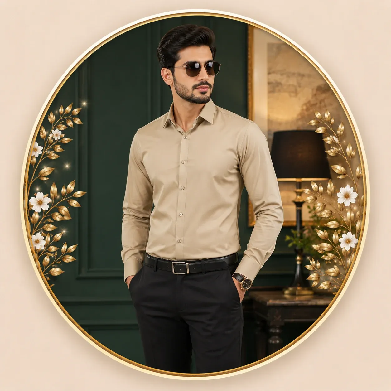 Men's beige long sleeve formal dress shirt with classic collar