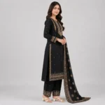 Black Embroidered 3 Piece Suit for women with matching black trousers and embroidered dupatta