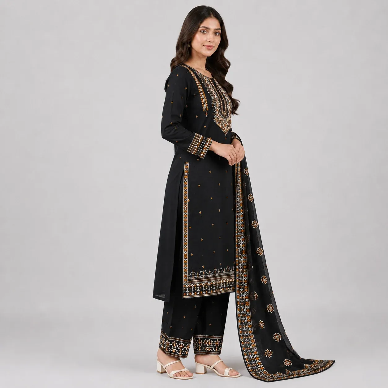 Black Embroidered 3 Piece Suit for women with matching black trousers and embroidered dupatta