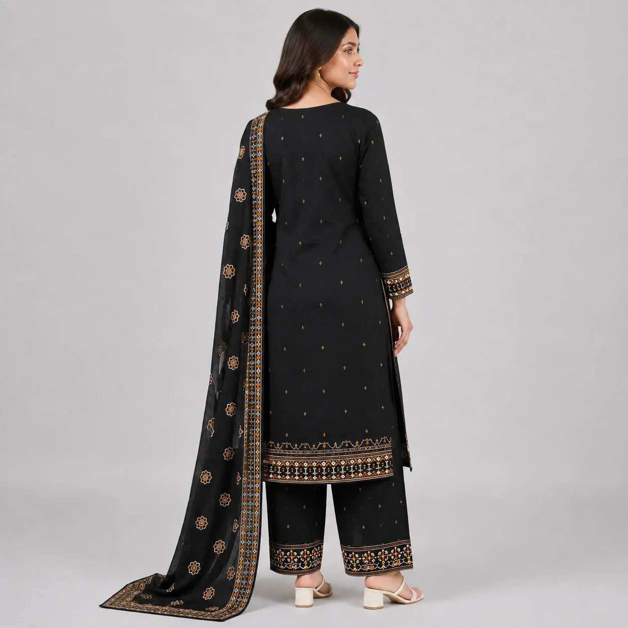 Black Embroidered 3 Piece Suit for Women