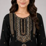 Black Embroidered 3 Piece Suit for women with matching black trousers and embroidered dupatta