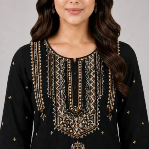 Black Embroidered 3 Piece Suit for women with matching black trousers and embroidered dupatta