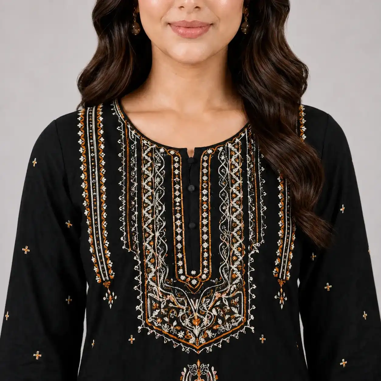 Black Embroidered 3 Piece Suit for women with matching black trousers and embroidered dupatta