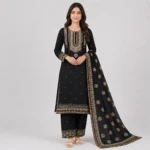 Black Embroidered 3 Piece Embroidered 3 Piece Suit for Women available in 6 colors with matching trouser and dupattaSuit for women with matching black trousers and embroidered dupatta