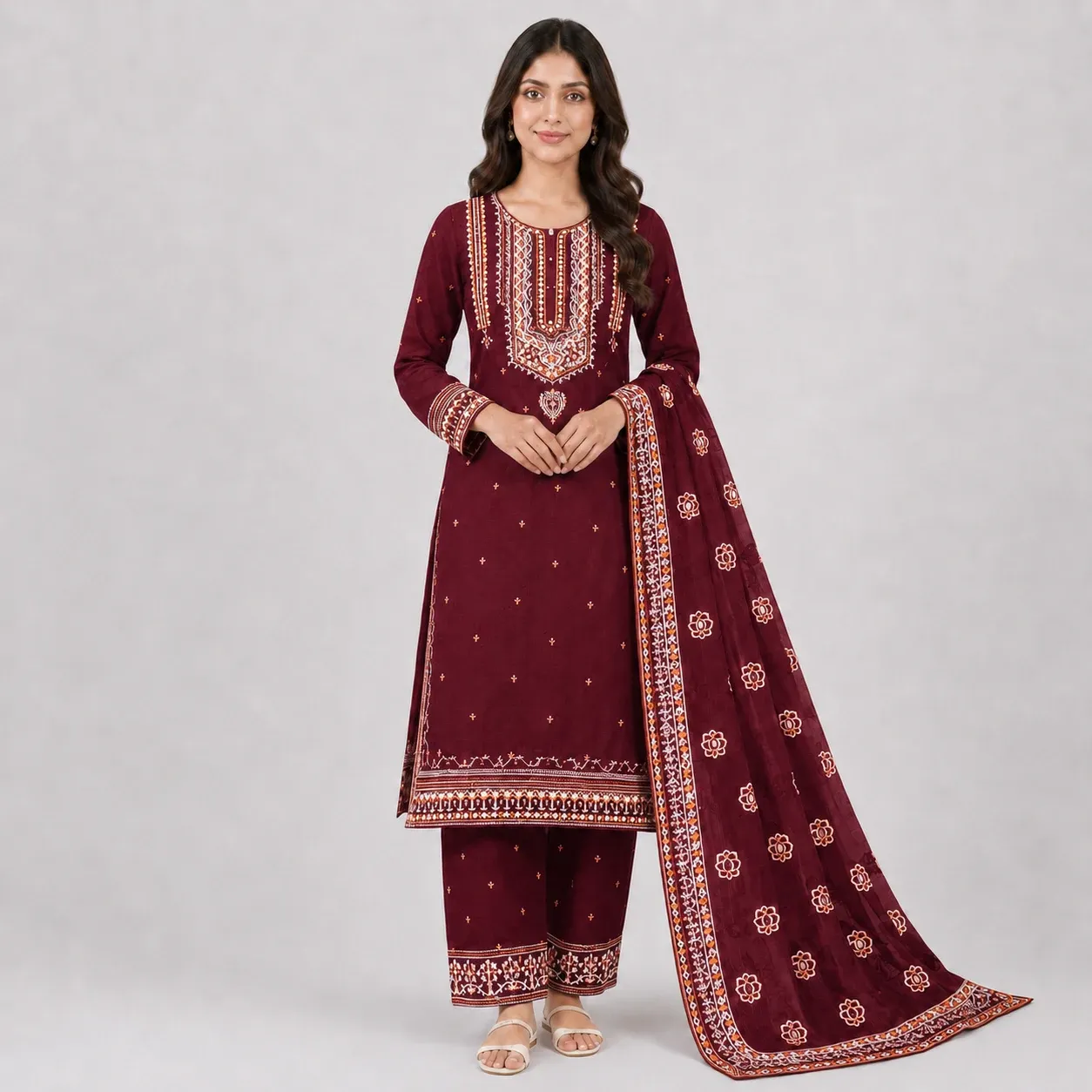 Embroidered 3 Piece Suit for Women available in 6 colors with matching trouser and dupatta
