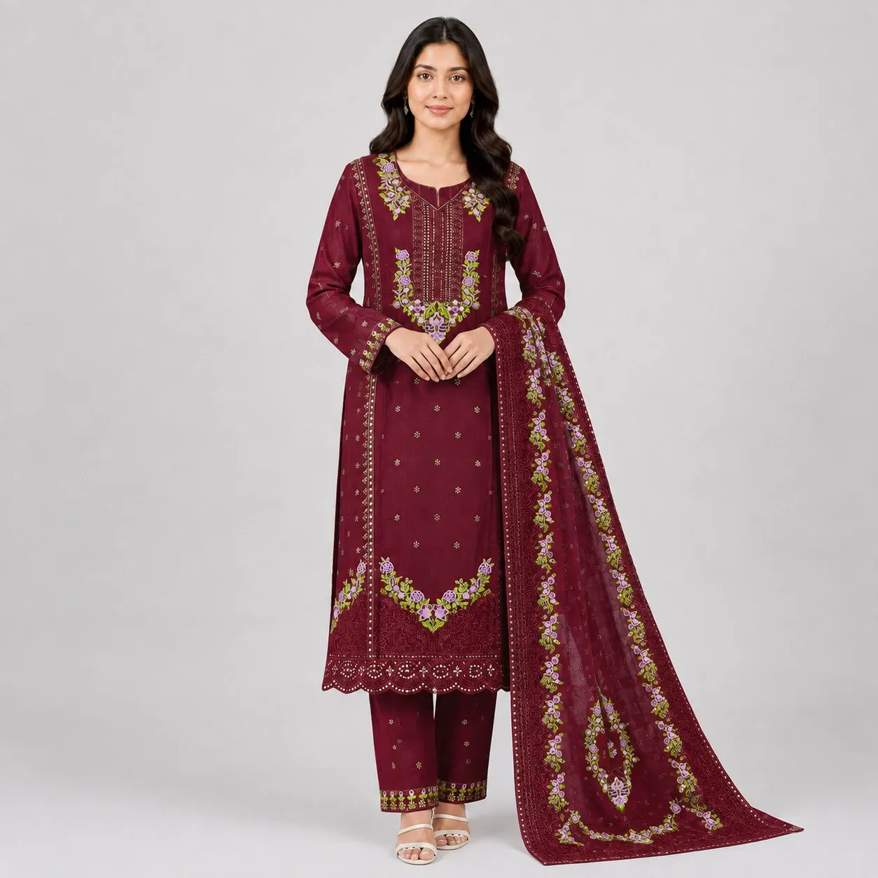 Embroidered 3 Piece Suit for Women with floral kameez matching trouser and dupatta available in 6 colors