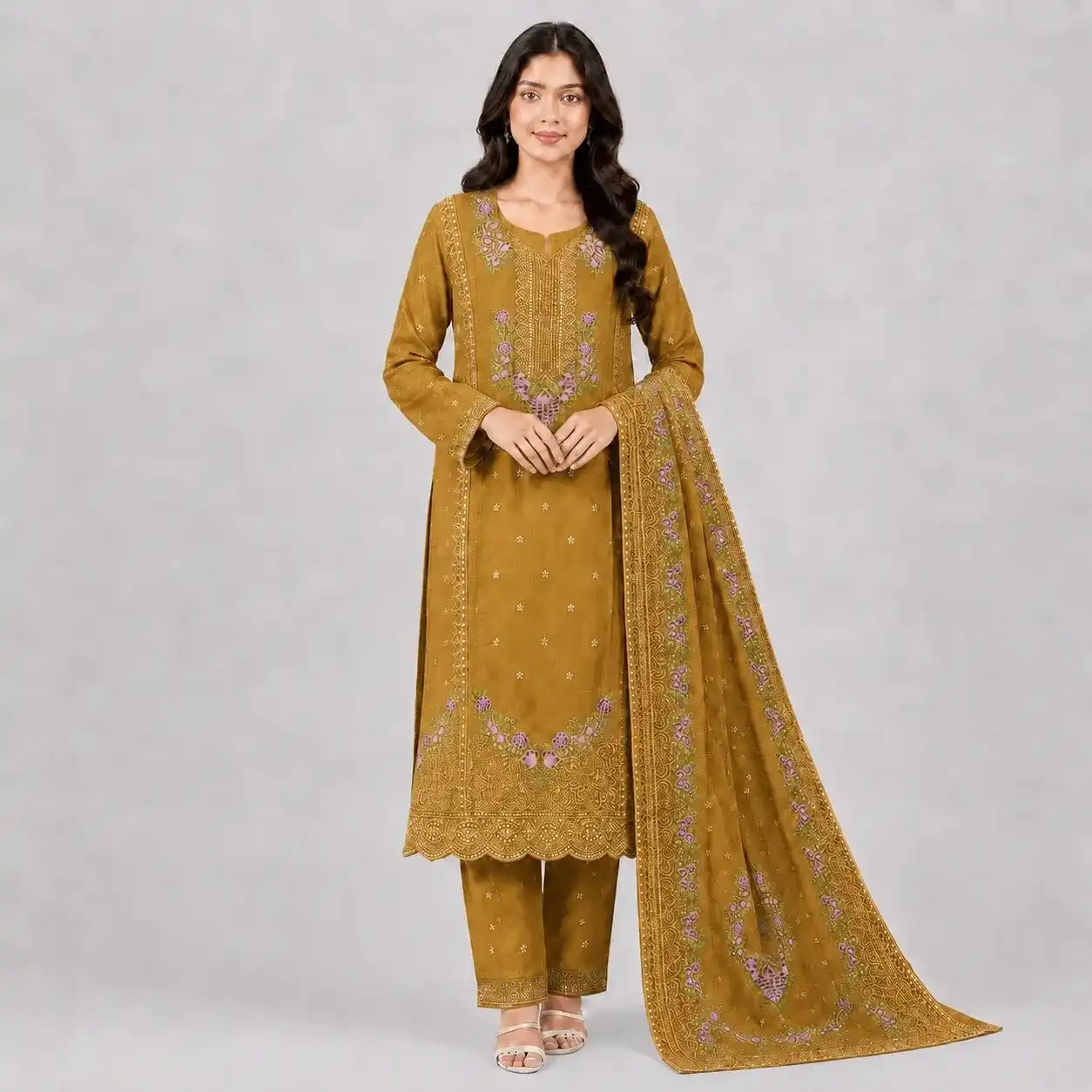 Embroidered 3 Piece Suit for Women with floral kameez matching trouser and dupatta available in 6 colors