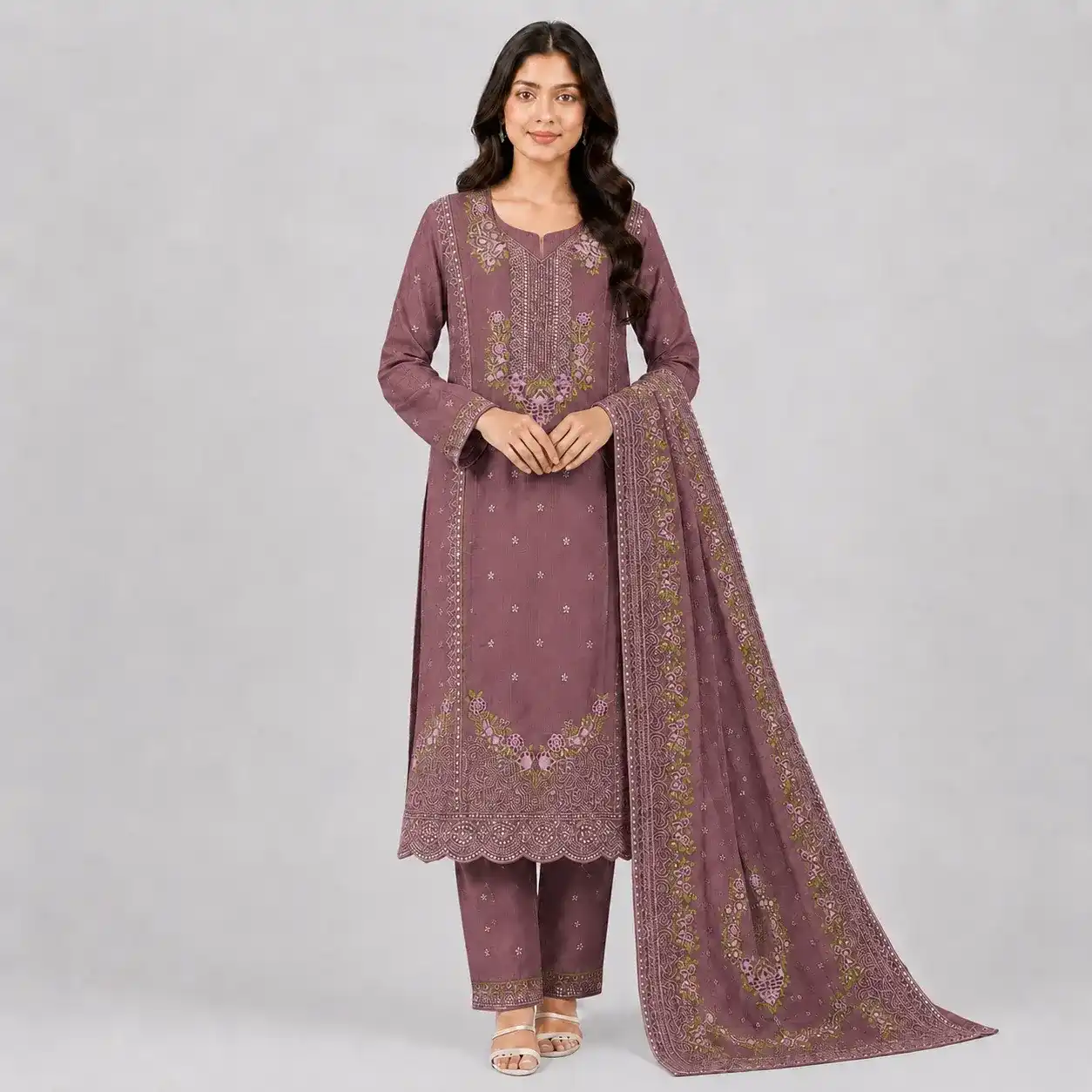 Embroidered 3 Piece Suit for Women with floral kameez matching trouser and dupatta available in 6 colors