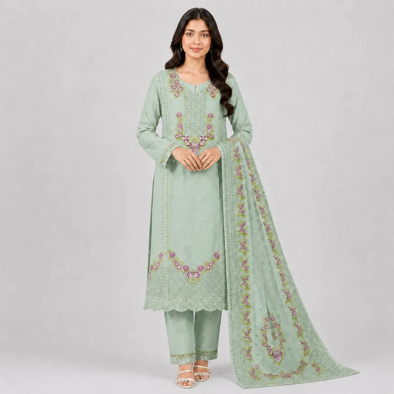 Embroidered 3 Piece Suit for Women with floral kameez matching trouser and dupatta available in 6 colors