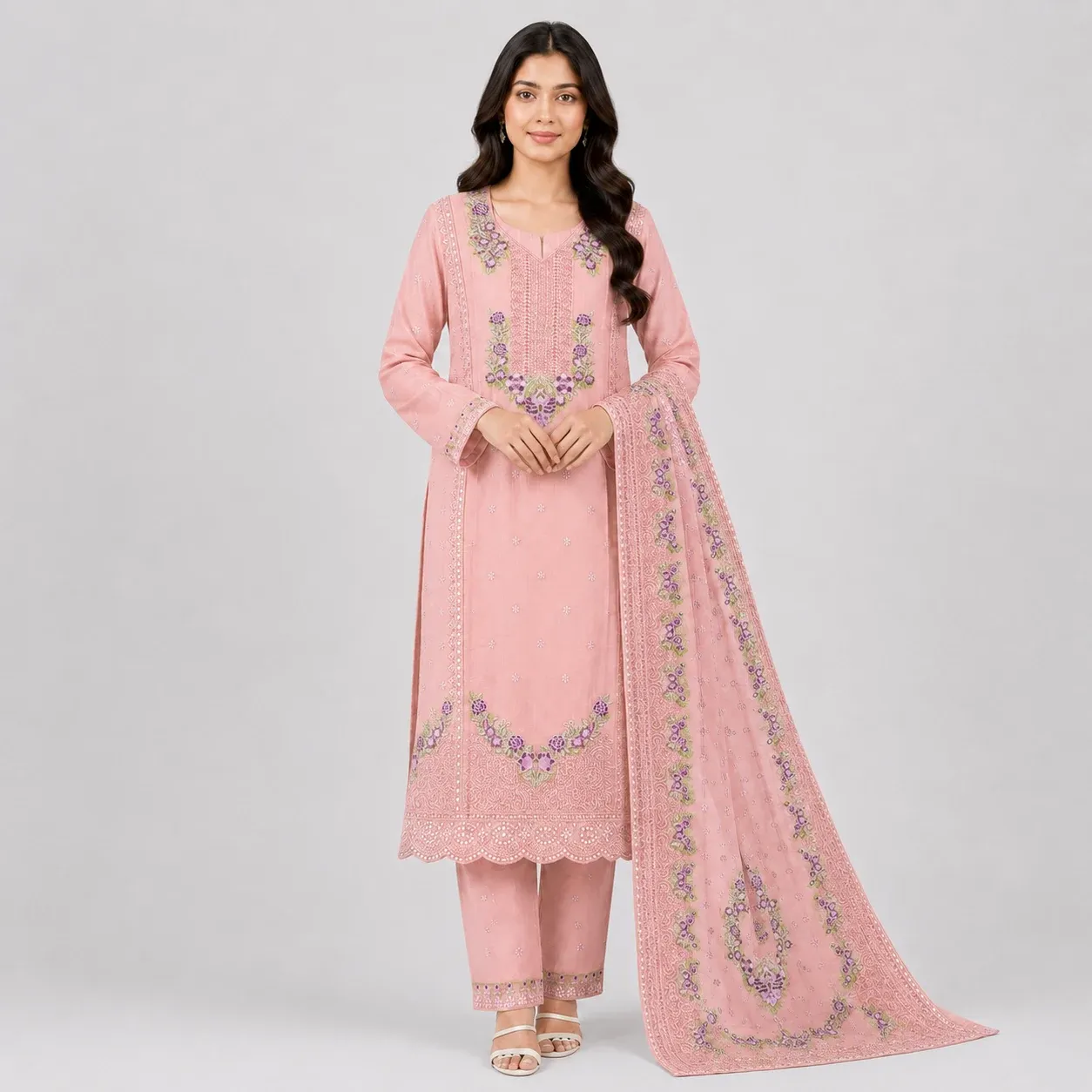 Embroidered 3 Piece Suit for Women with floral kameez matching trouser and dupatta available in 6 colors
