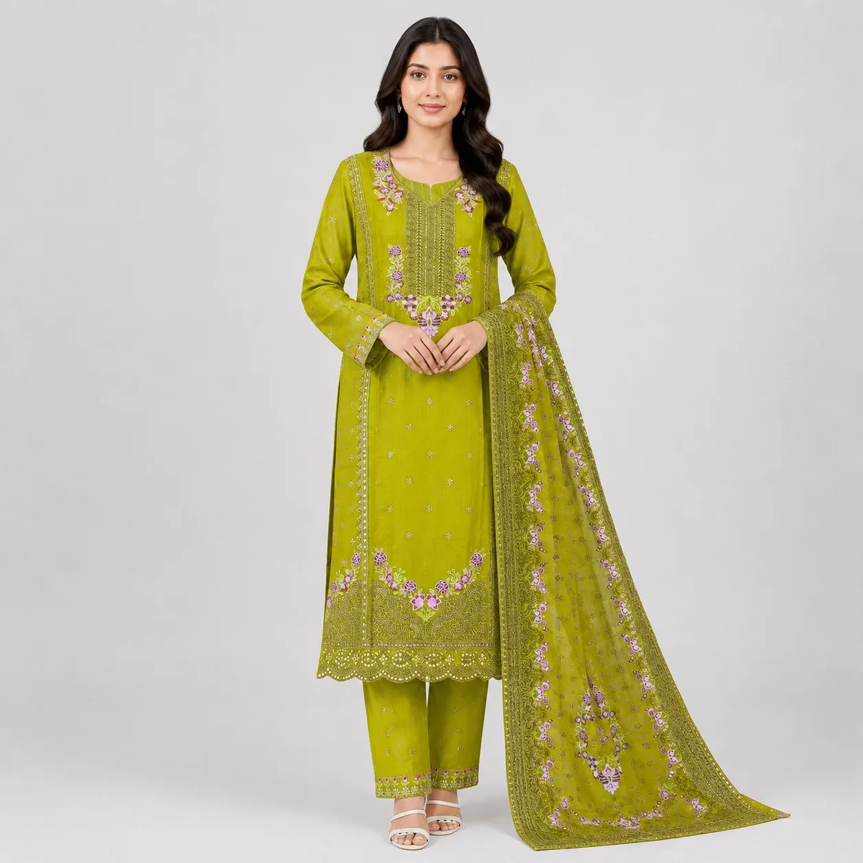Embroidered 3 Piece Suit for Women with floral kameez matching trouser and dupatta available in 6 colors