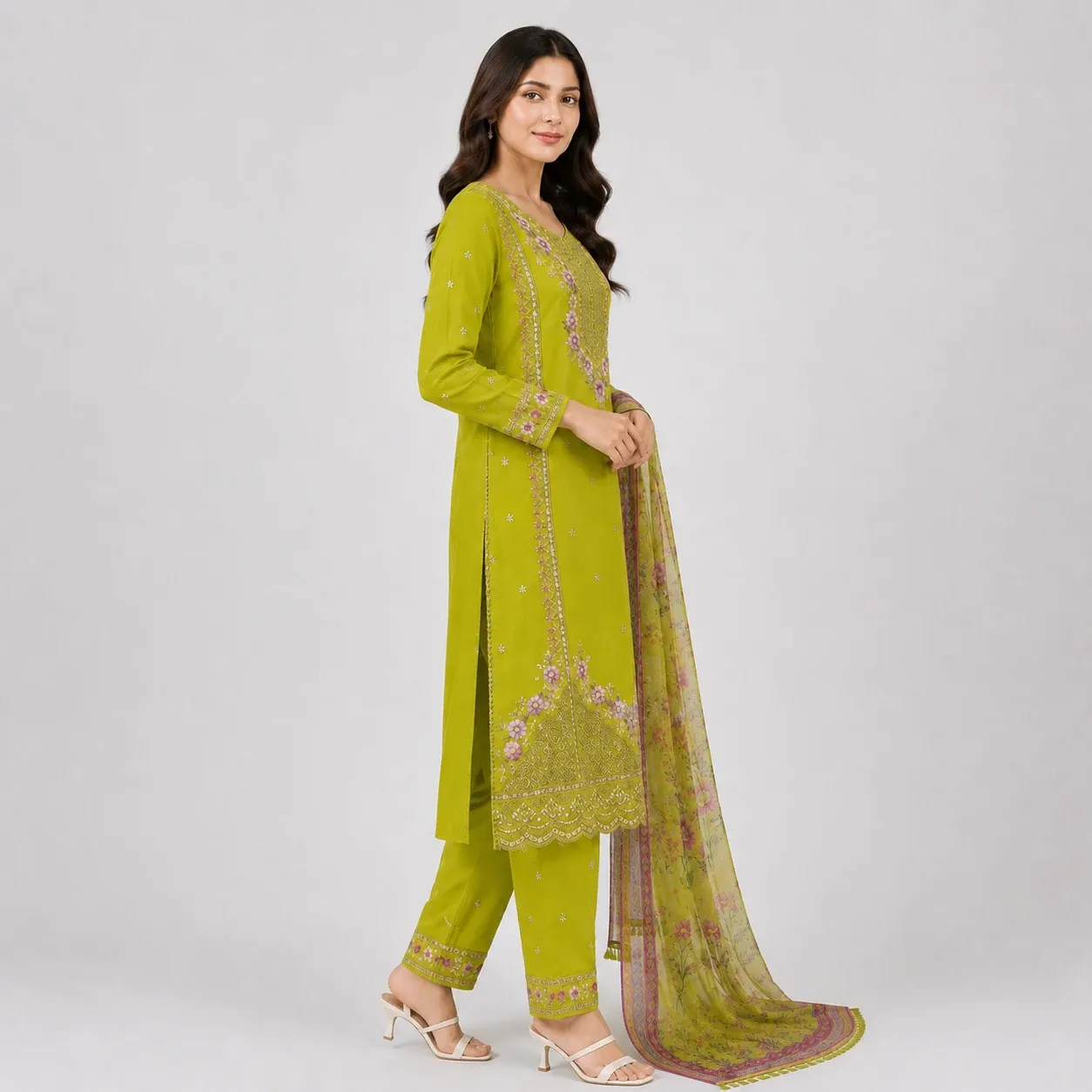 Embroidered 3 Piece Suit for Women with floral kameez matching trouser and dupatta available in 6 colors