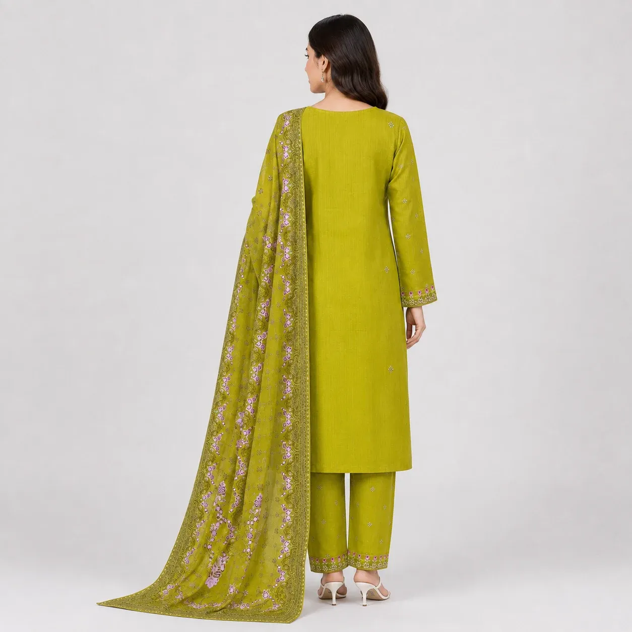 Embroidered 3 Piece Suit for Women with floral kameez matching trouser and dupatta available in 6 colors