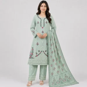 Embroidered 3 Piece Suit for Women with floral kameez, matching trouser and dupatta, available in 6 colors