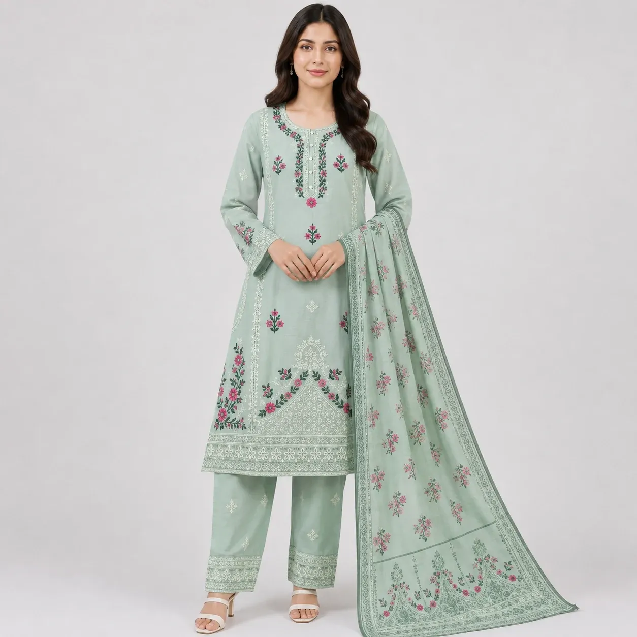 Embroidered 3 Piece Suit for Women with floral kameez, matching trouser and dupatta, available in 6 colors