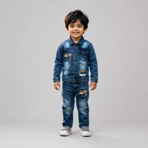 Boys Denim Jacket & Jeans Set for Kids 4-8 Years in Blue Washed Denim with Cartoon Patches