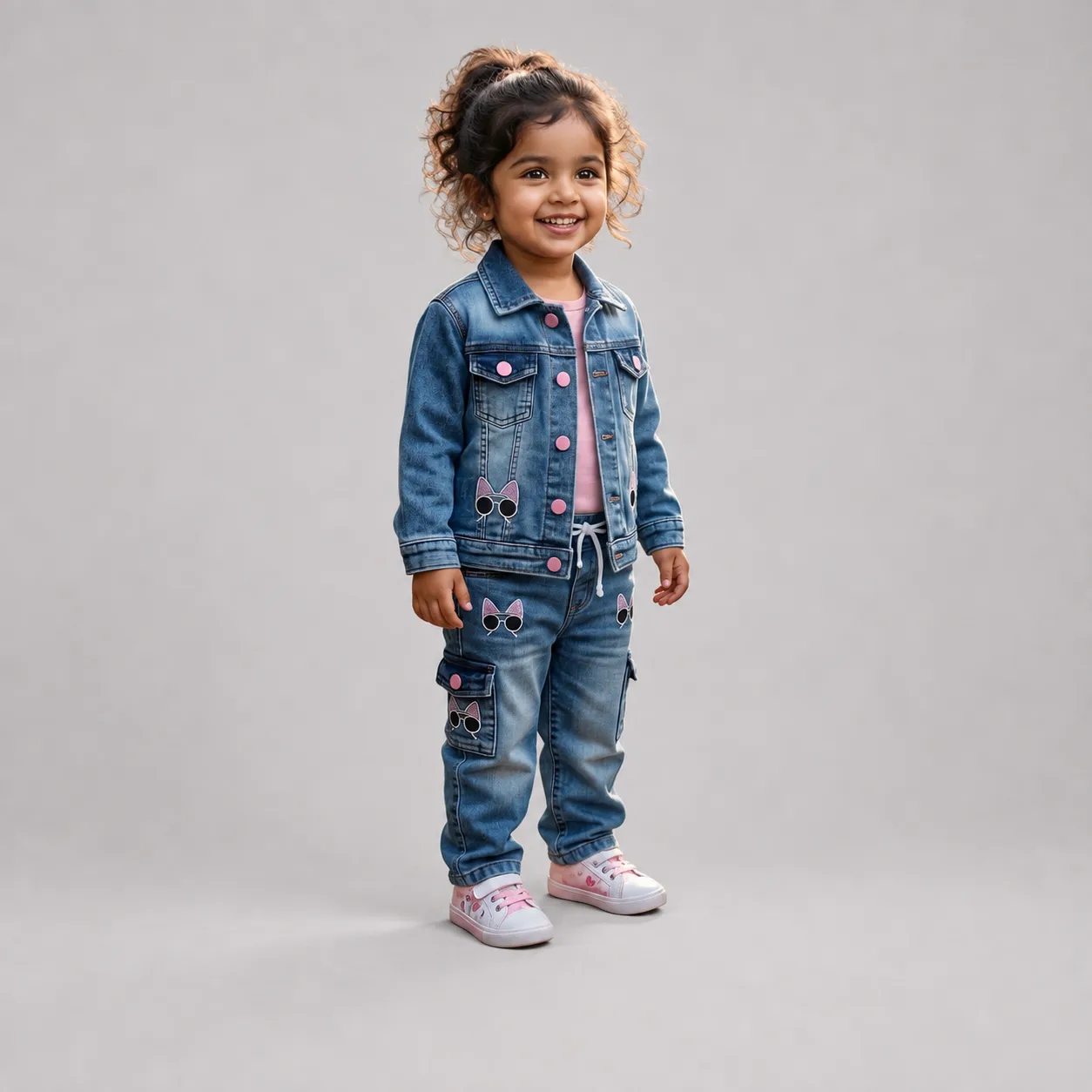 Girls Denim Jacket & Jeans Set for Kids 4-8 Years in Blue Washed Denim with Cute Cat Patches and Pink Details