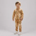 Boys Brown Denim Jacket & Jeans Set for Kids 4-8 Years in Camel Brown with Cartoon Patch Details