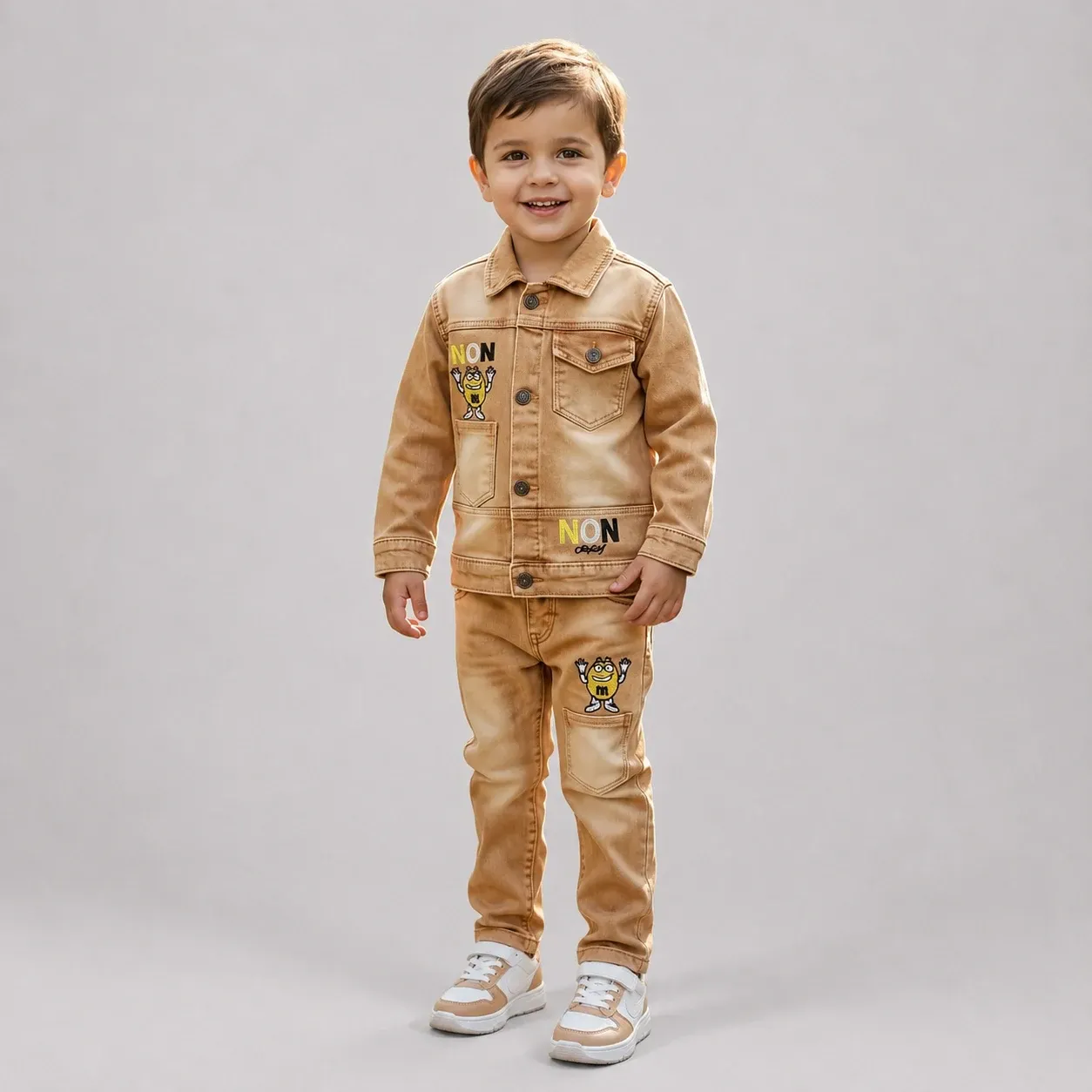 Boys Brown Denim Jacket & Jeans Set for Kids 4-8 Years in Camel Brown with Cartoon Patch Details