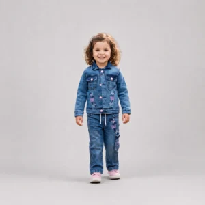 Girls Blue Denim Jacket & Jeans Set for Kids 4-8 Years with Pink Embroidered Details