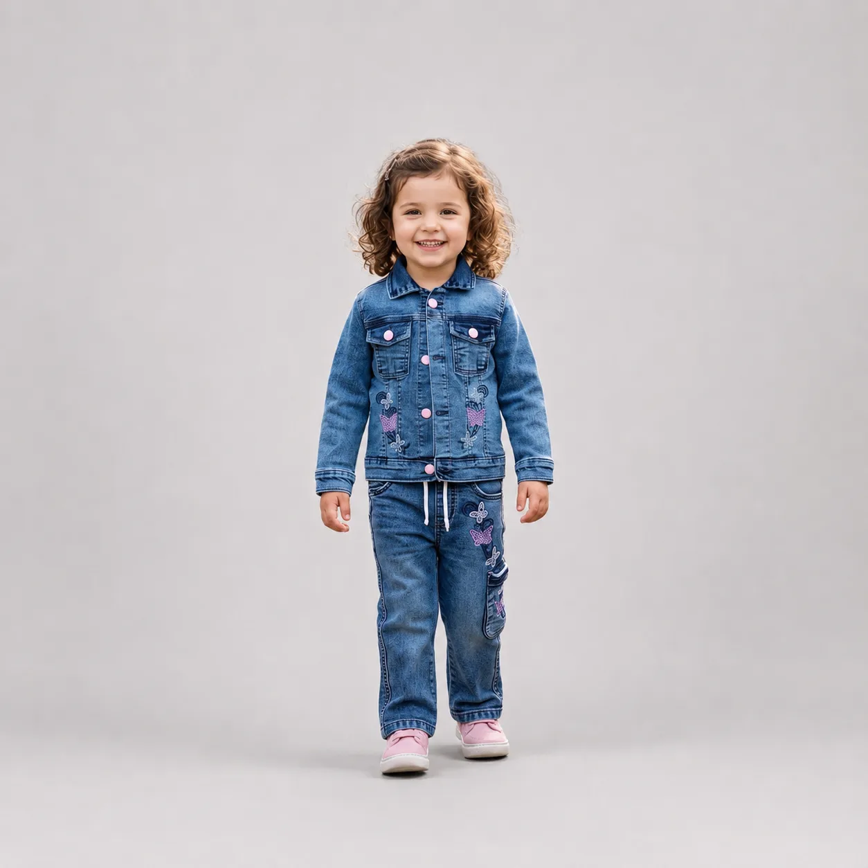 Girls Blue Denim Jacket & Jeans Set for Kids 4-8 Years with Pink Embroidered Details