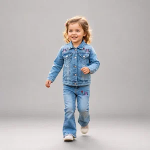 Girls Light Blue Denim Jacket & Jeans Set for Kids 4-8 Years with Embroidered Details