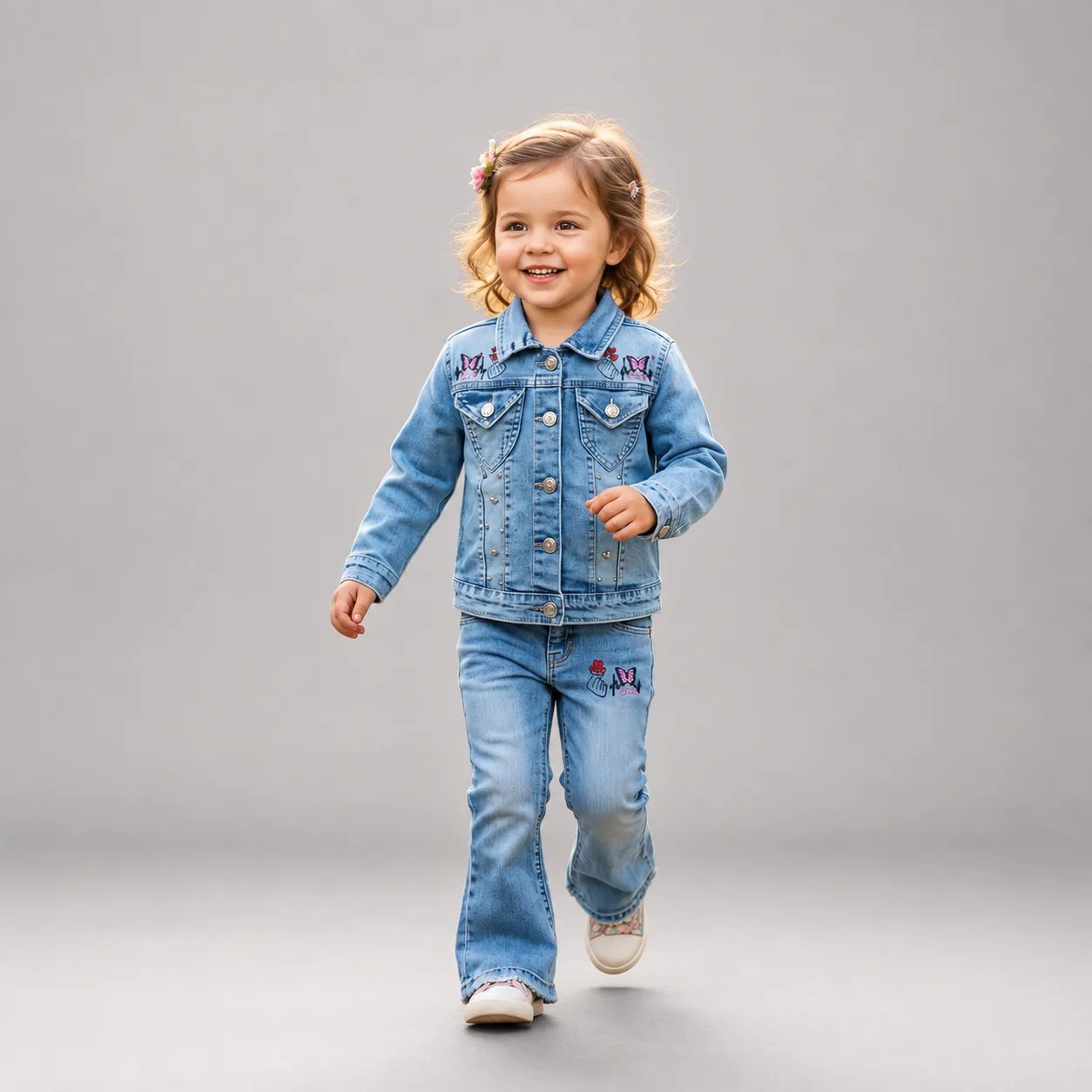 Girls Light Blue Denim Jacket & Jeans Set for Kids 4-8 Years with Embroidered Details