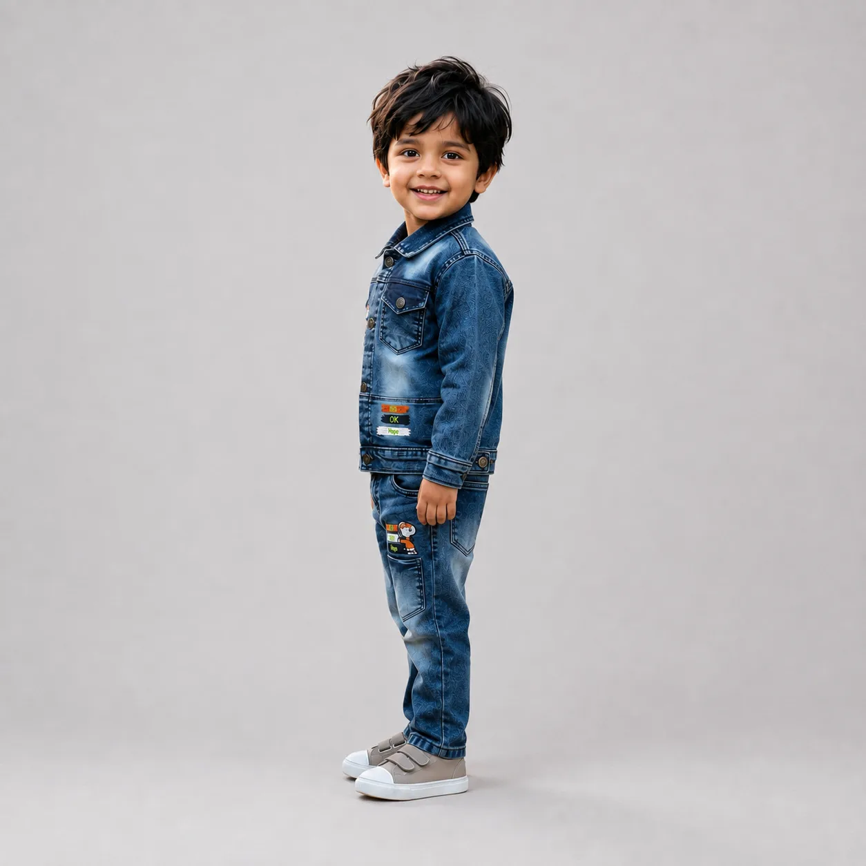 Boys Denim Jacket & Jeans Set for Kids 4-8 Years in Blue Washed Denim with Cartoon Patches