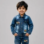 Boys Denim Jacket & Jeans Set for Kids 4-8 Years in Blue Washed Denim with Cartoon Patches