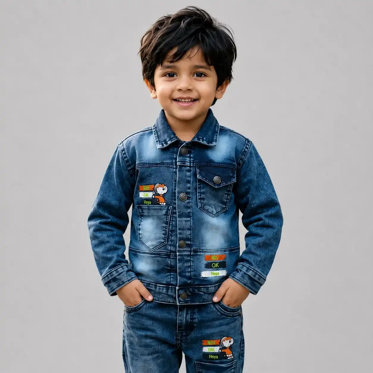 Boys Denim Jacket & Jeans Set for Kids 4-8 Years in Blue Washed Denim with Cartoon Patches