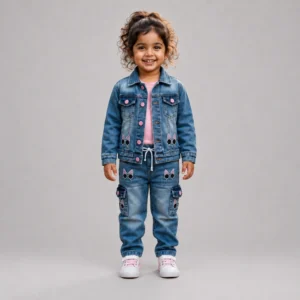 Girls Denim Jacket & Jeans Set for Kids 4-8 Years in Blue Washed Denim with Cute Cat Patches and Pink Details