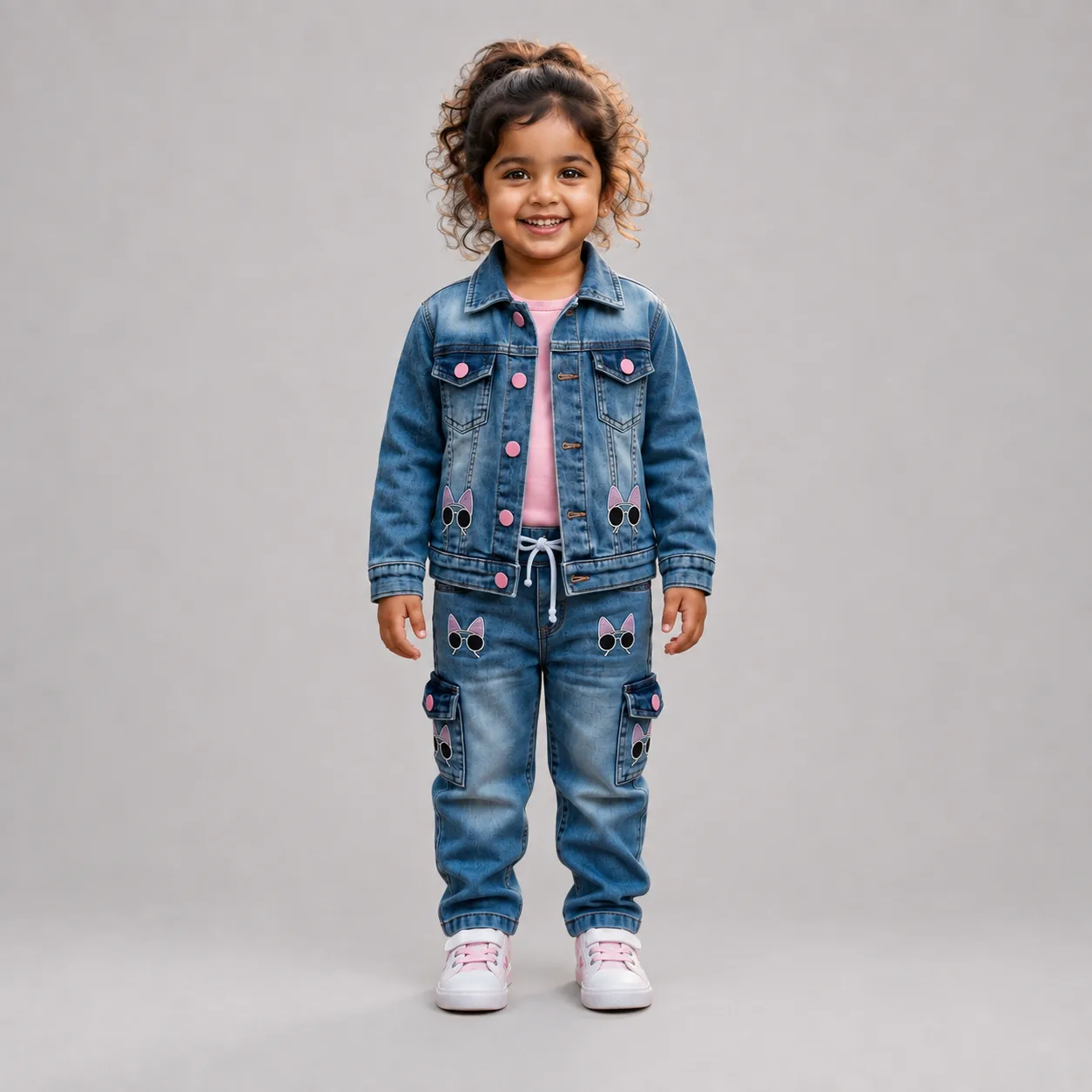 Girls Denim Jacket & Jeans Set for Kids 4-8 Years in Blue Washed Denim with Cute Cat Patches and Pink Details
