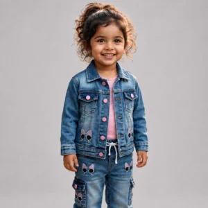 Girls Denim Jacket & Jeans Set for Kids 4-8 Years in Blue Washed Denim with Cute Cat Patches and Pink Details