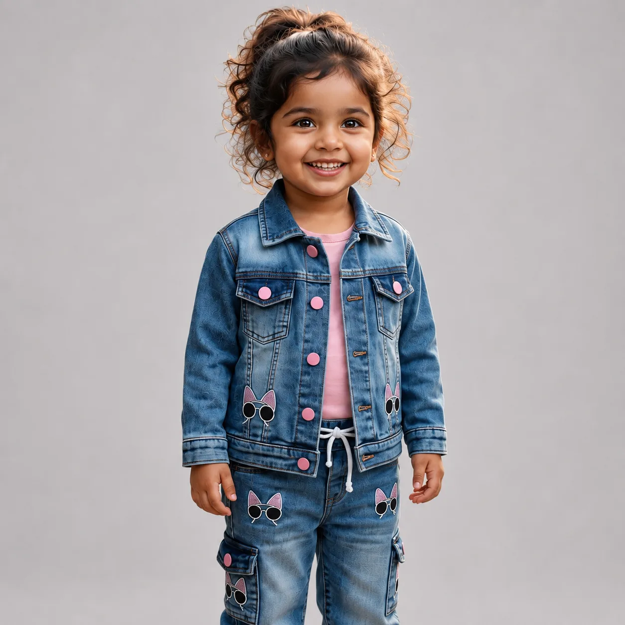 Girls Denim Jacket & Jeans Set for Kids 4-8 Years in Blue Washed Denim with Cute Cat Patches and Pink Details