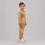 Boys Brown Denim Jacket & Jeans Set for Kids 4-8 Years in Camel Brown with Cartoon Patch Details
