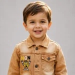 Boys Brown Denim Jacket & Jeans Set for Kids 4-8 Years in Camel Brown with Cartoon Patch Details