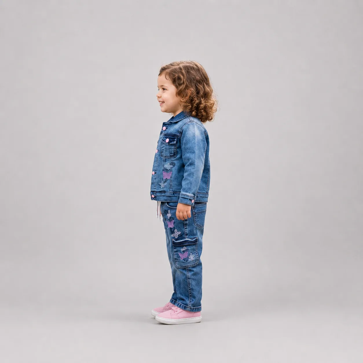 Girls Blue Denim Jacket & Jeans Set for Kids 4-8 Years with Pink Embroidered Details