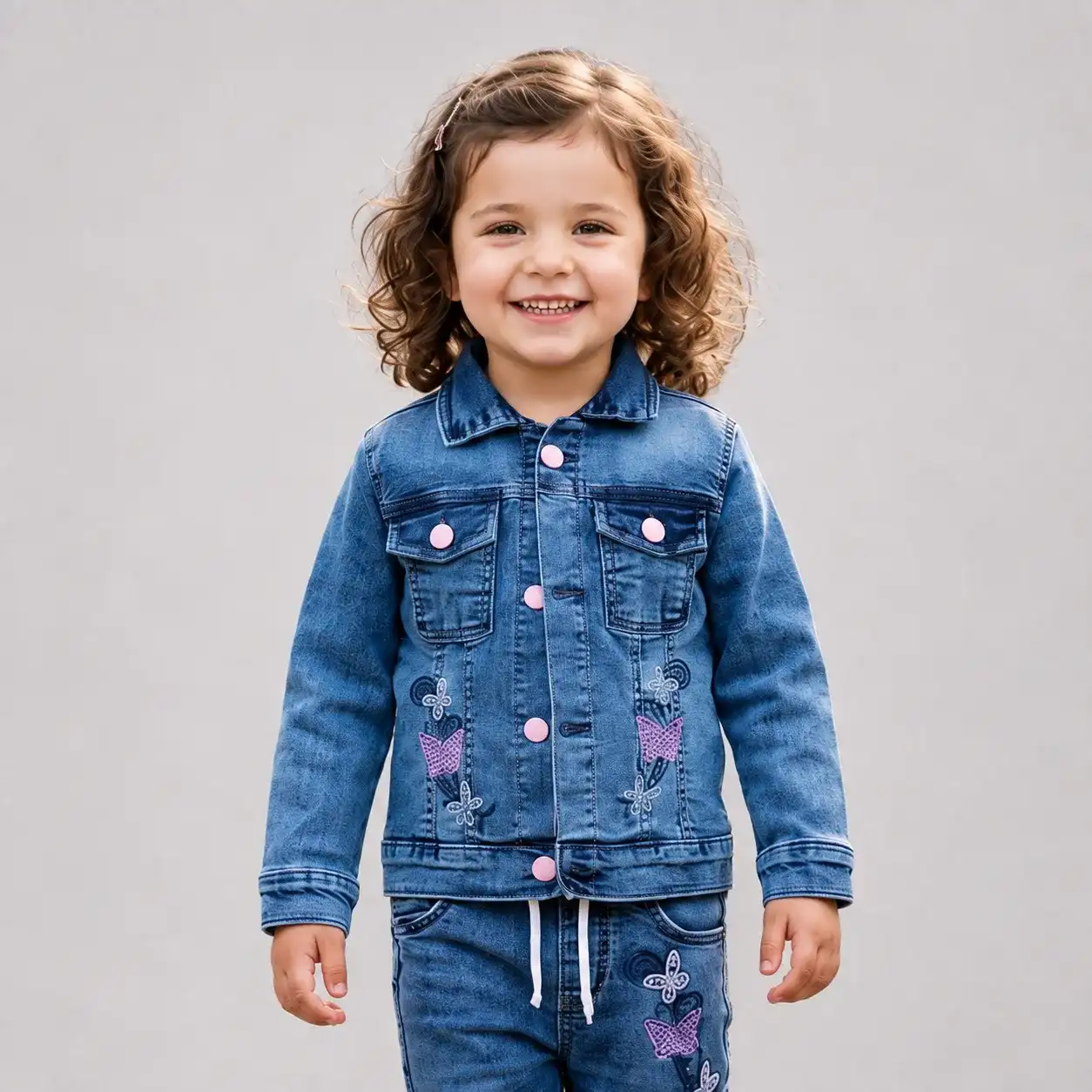 Girls Blue Denim Jacket & Jeans Set for Kids 4-8 Years with Pink Embroidered Details