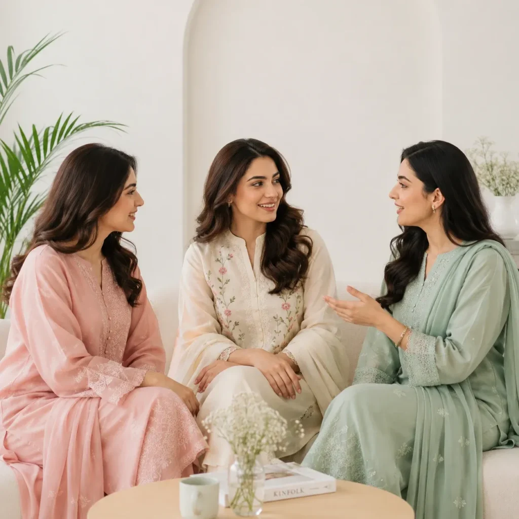 Three women in elegant traditional outfits sitting together and having a friendly conversation in a bright, minimal setting.