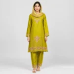 Embroidered Doria Cotton 3 Piece Suit for Women featuring floral neckline detailed daman matching trouser and coordinated dupatta