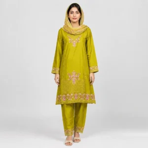 Embroidered Doria Cotton 3 Piece Suit for Women featuring floral neckline detailed daman matching trouser and coordinated dupatta