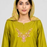Embroidered Doria Cotton 3 Piece Suit for Women featuring floral neckline detailed daman matching trouser and coordinated dupatta