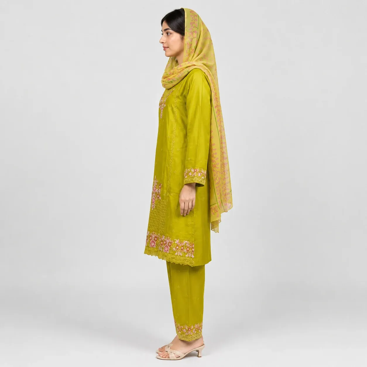 Embroidered Doria Cotton 3 Piece Suit for Women featuring floral neckline detailed daman matching trouser and coordinated dupatta